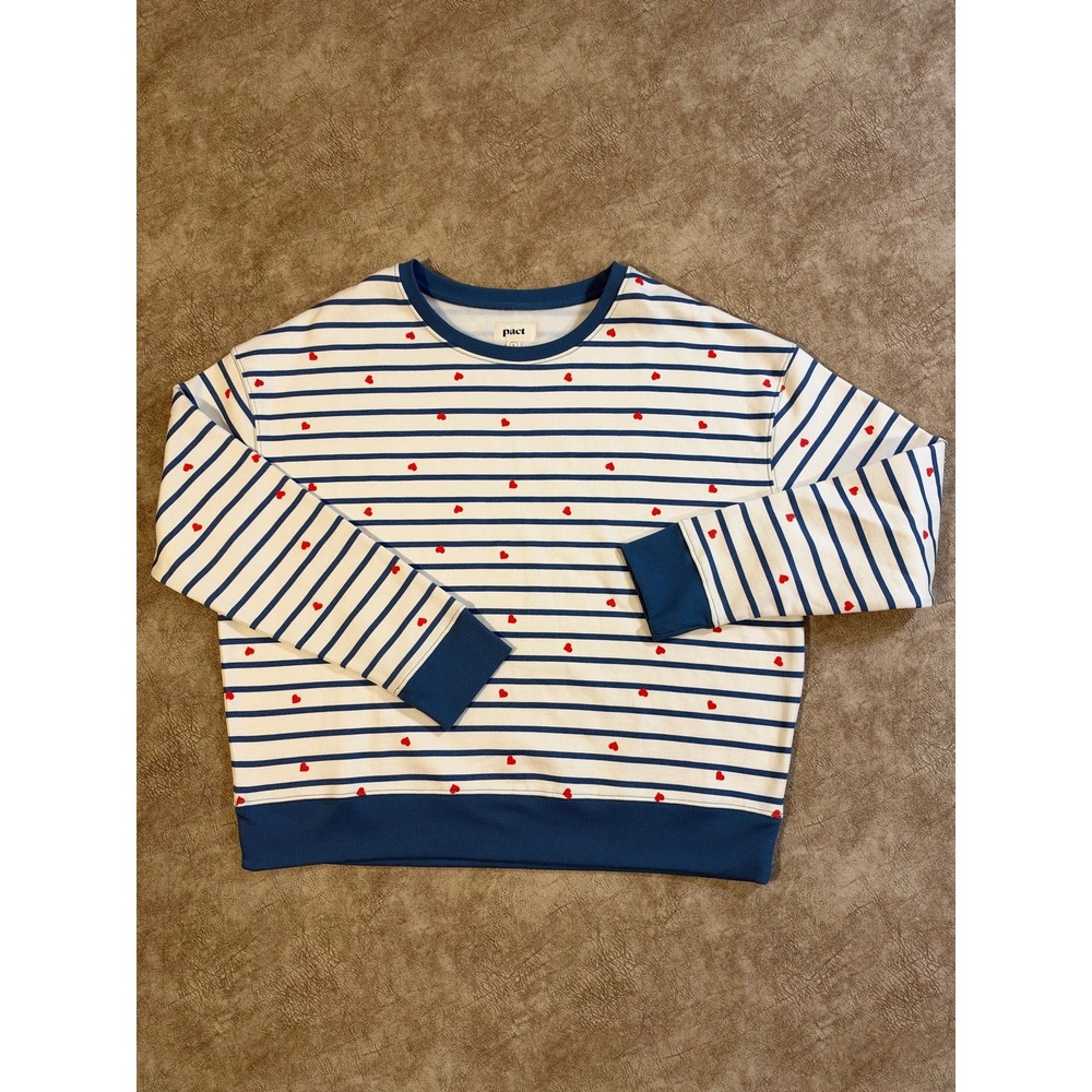 Pact Womens Organic Cotton Heart Stripe Sweatshirt White Blue L NWOT N58